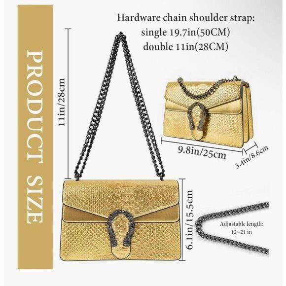 Gold Silver Faux Vegan Alligator Chain Crossbody Satchel Bag - Picture 3 of 5